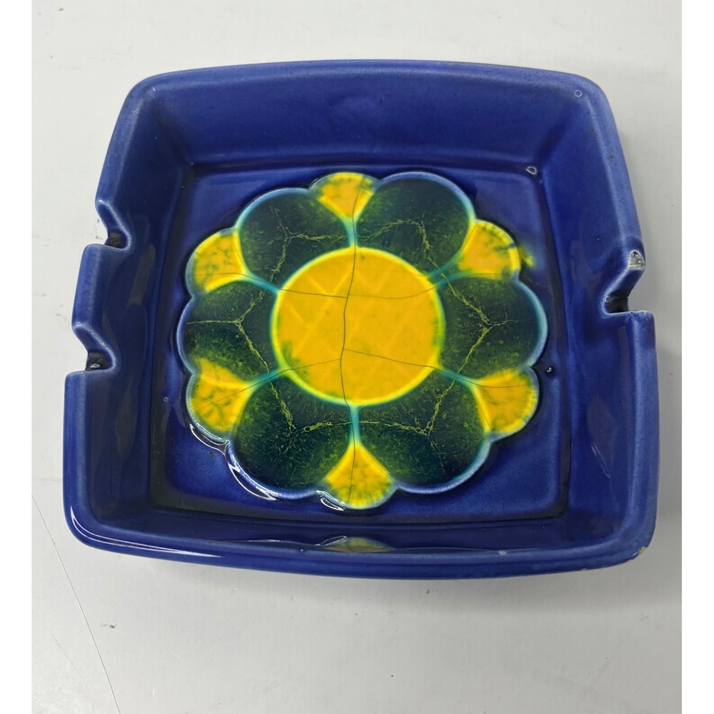 Vintage Japan Ceramic Ashtray Cobalt Blue Yellow Flower MCM Retro Square 5in